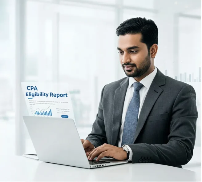 Artboard illustration explaining key eligibility requirements for Indian students aspiring to take the US CPA exam.